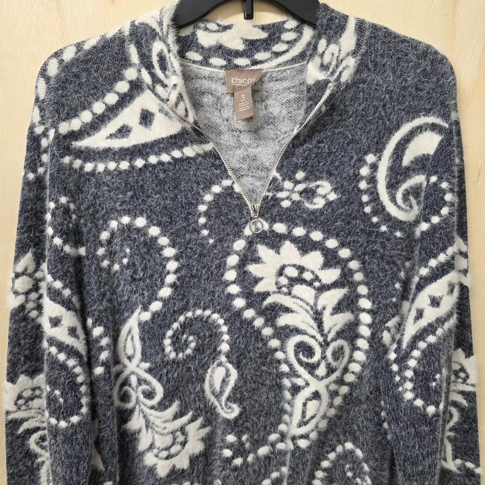Chicos Navy Blue Paisley Eyelash Knit Quarter Zip Sweater Shimmer Size 3 Large